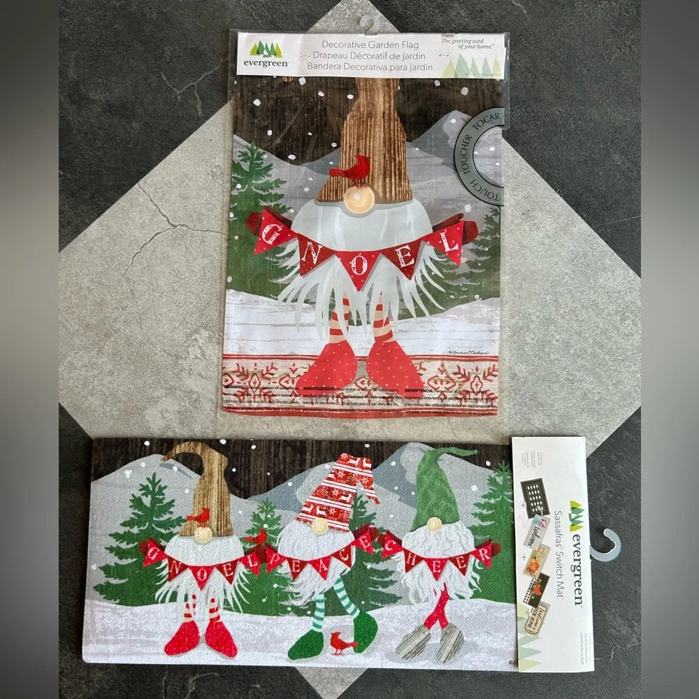 NWT - Bundle Gnoel Gnome Christmas Garden Flag and Sassafras Door Mat Insert